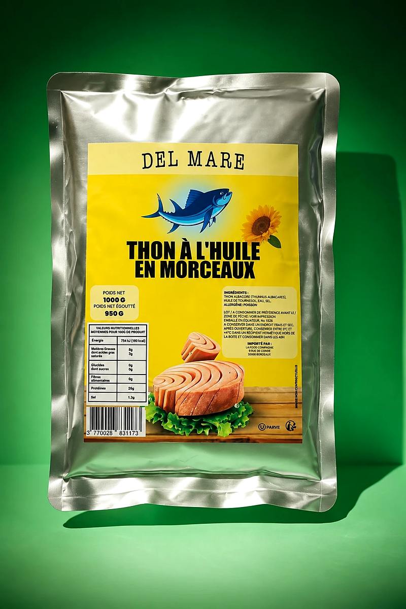 Poche souple de 1 kg de thon à l'huile de tournesol en morceaux, étiquette jaune Del Mare, sur fond vert